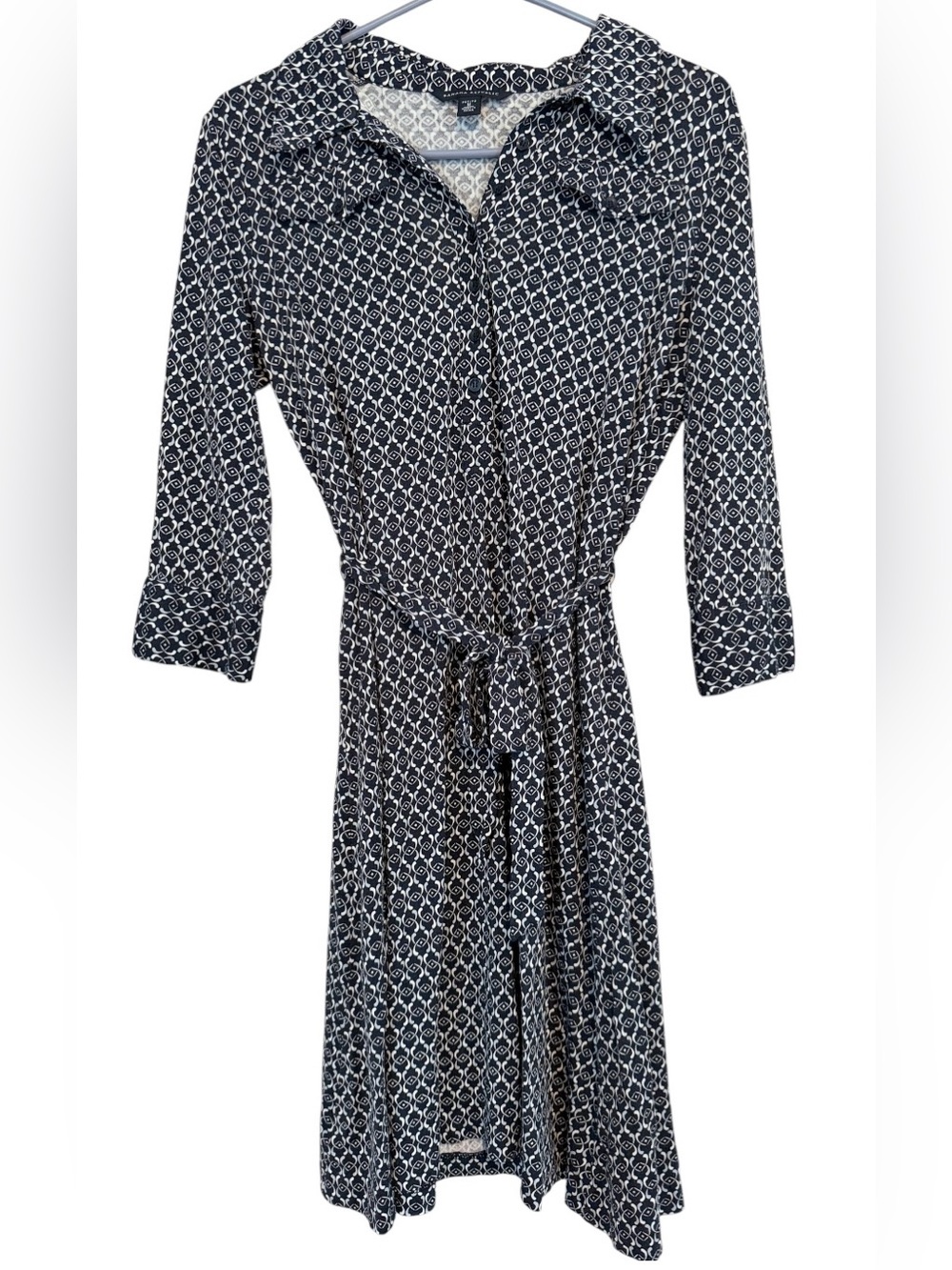 Banana republic Ladies Dress 3/4 Sleeve Midi Silk Size M Navy Geometric
